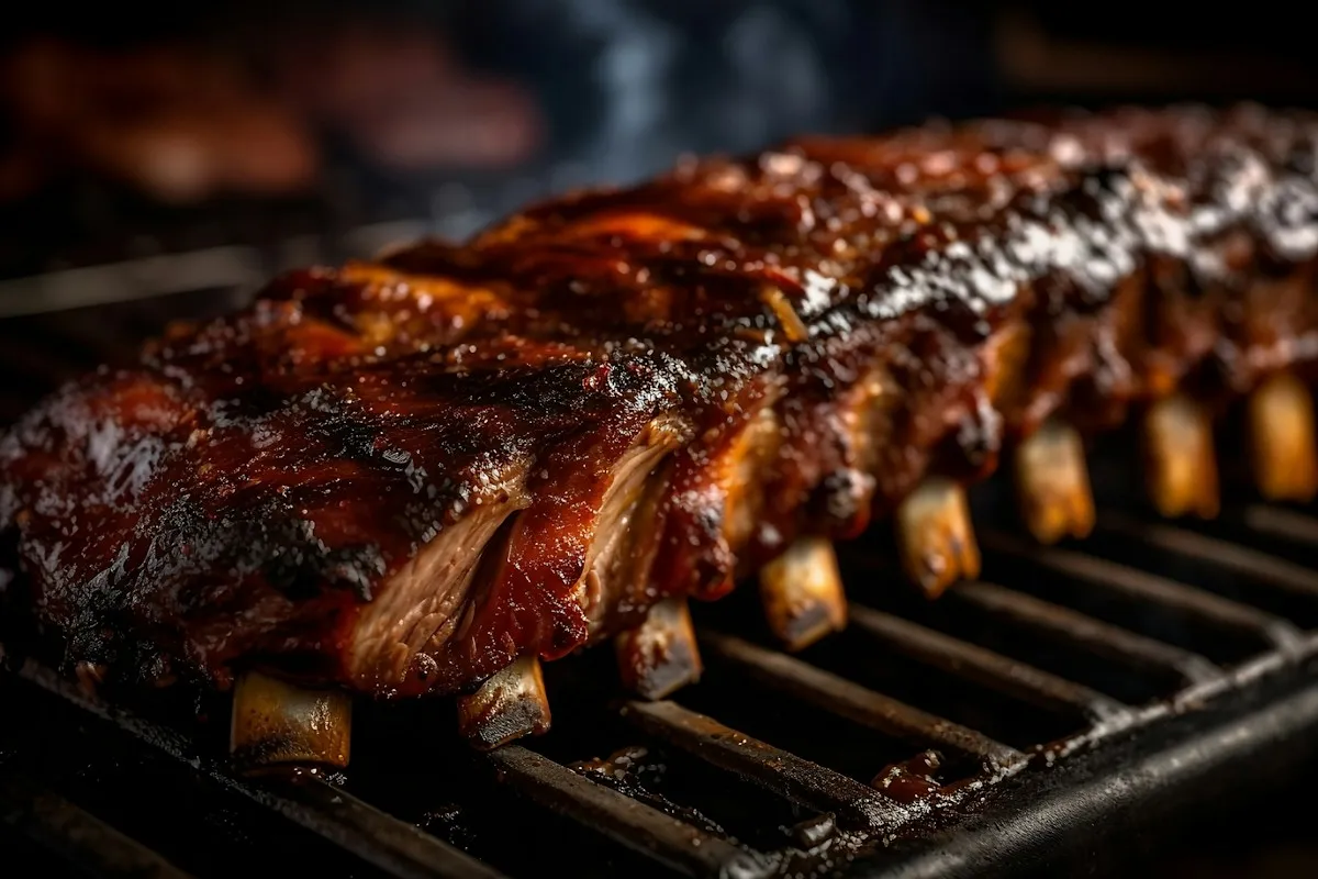 Sticky barbecue ribs cooking on the grill